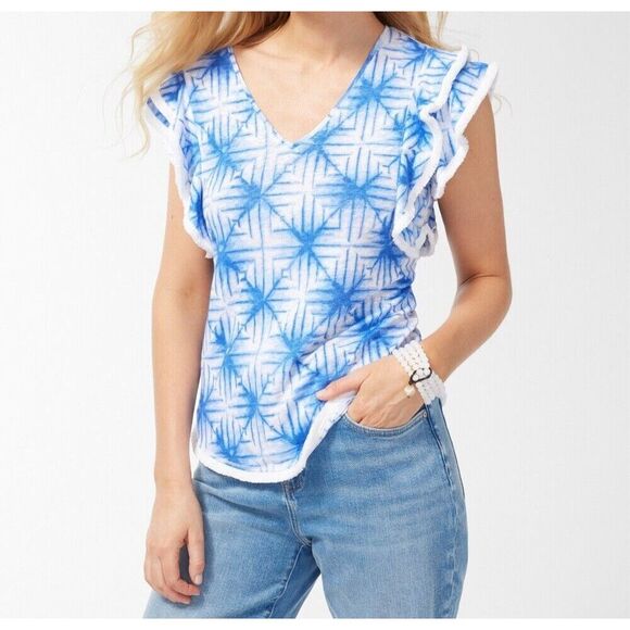 Chico's Top Womens 2 (14/16) L Amparo Blue Linen Flutter Sleeve Geometric NEW - Picture 2 of 11